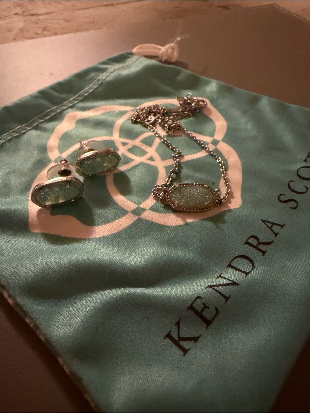 Kendra Scott Silver Mint Drusy Necklace and Stud Earrings